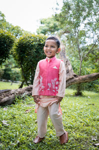 Peach Kurta Pajama With Floral Embroidered Jacket