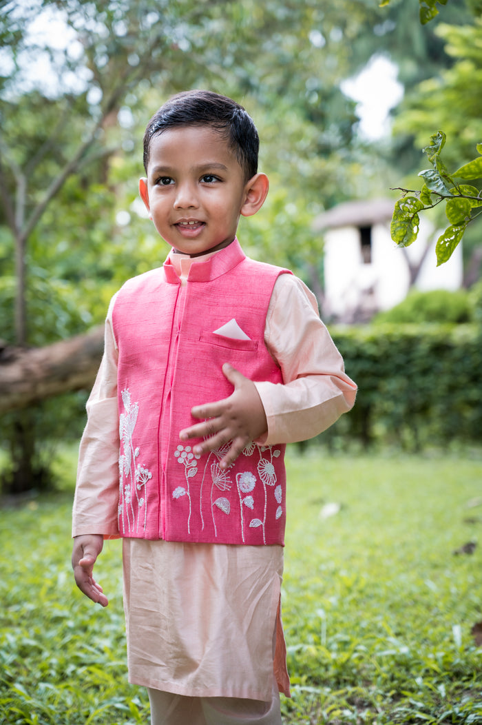 Peach Kurta Pajama With Floral Embroidered Jacket