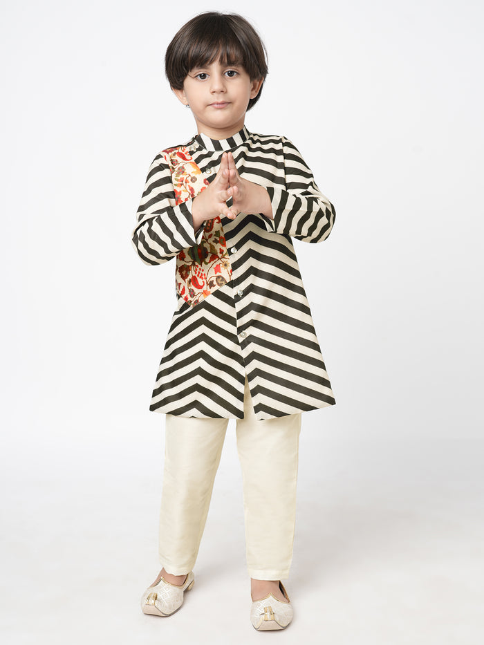 Chromatic Fusion Boys  Black & White Stripe Kurta Pant Set