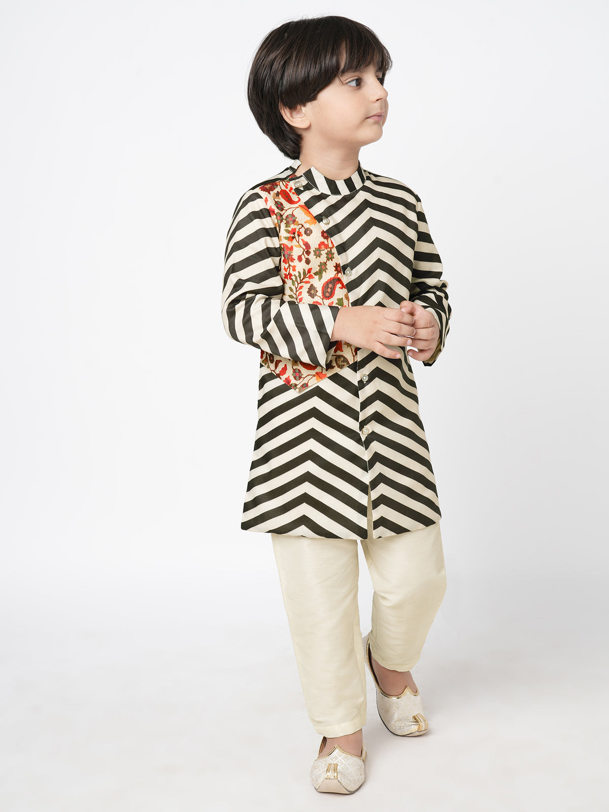 Chromatic Fusion Boys  Black & White Stripe Kurta Pant Set