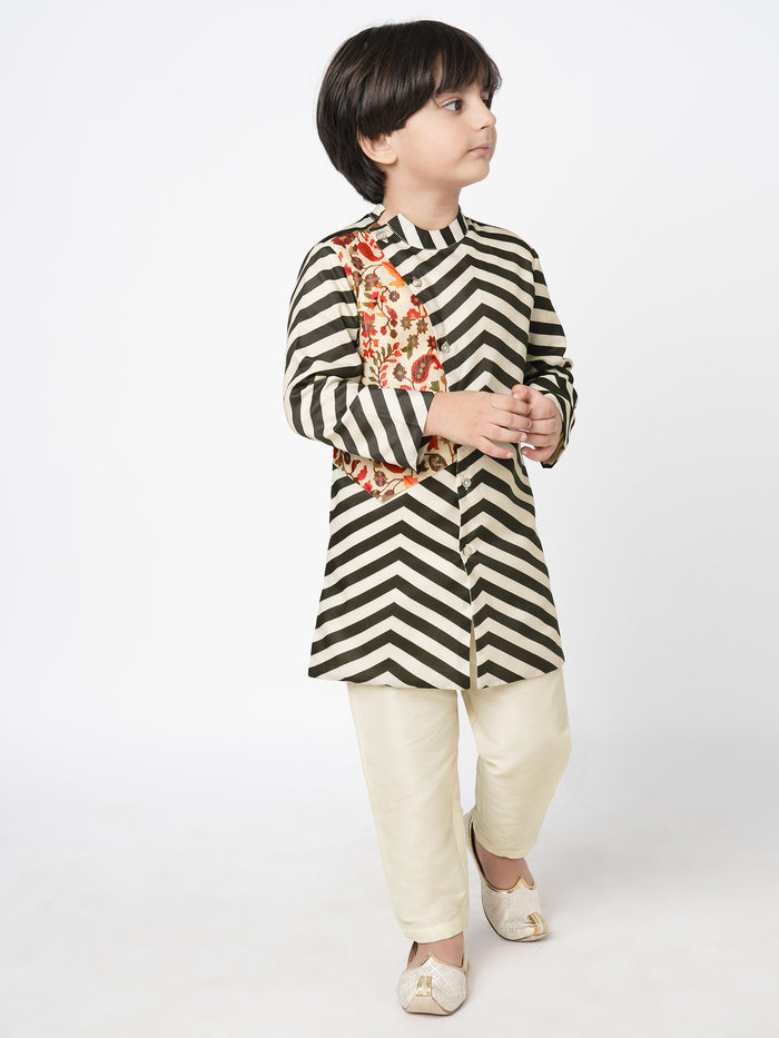 Chromatic Fusion Boys  Black & White Stripe Kurta Pant Set