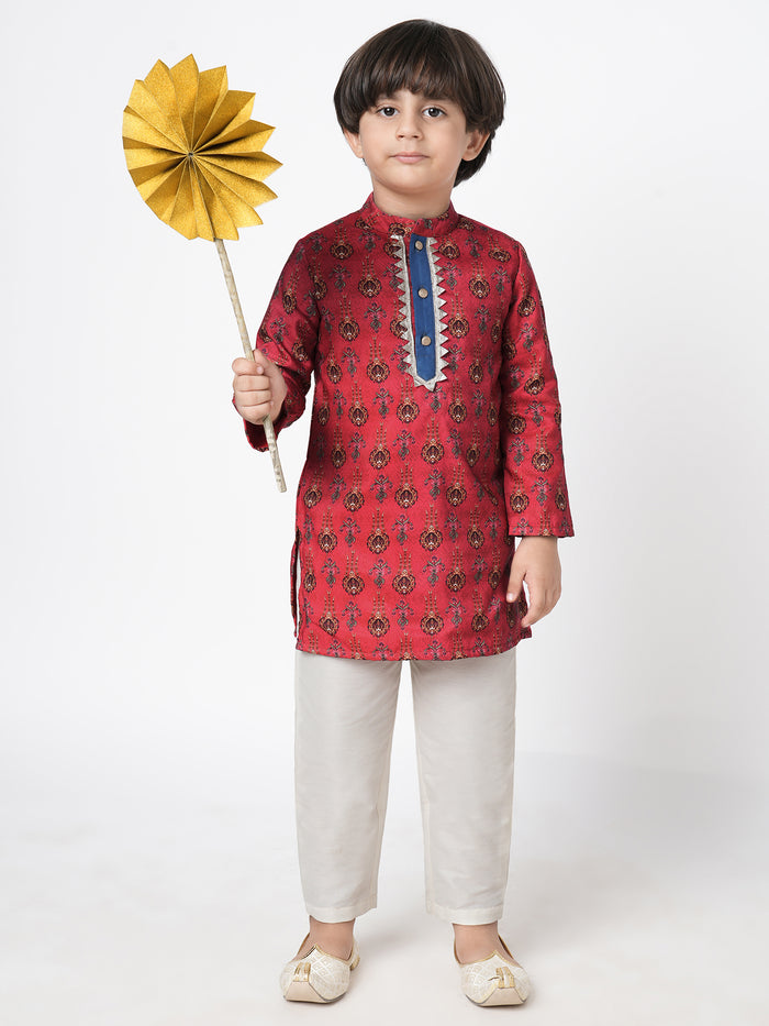 Ethnic Twist Boys Red Print Kurta Pant Set