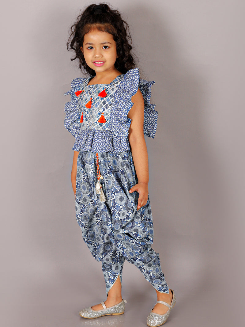 Folklore Girls Blue Crop Top with Dhoti Co-ordinate Set