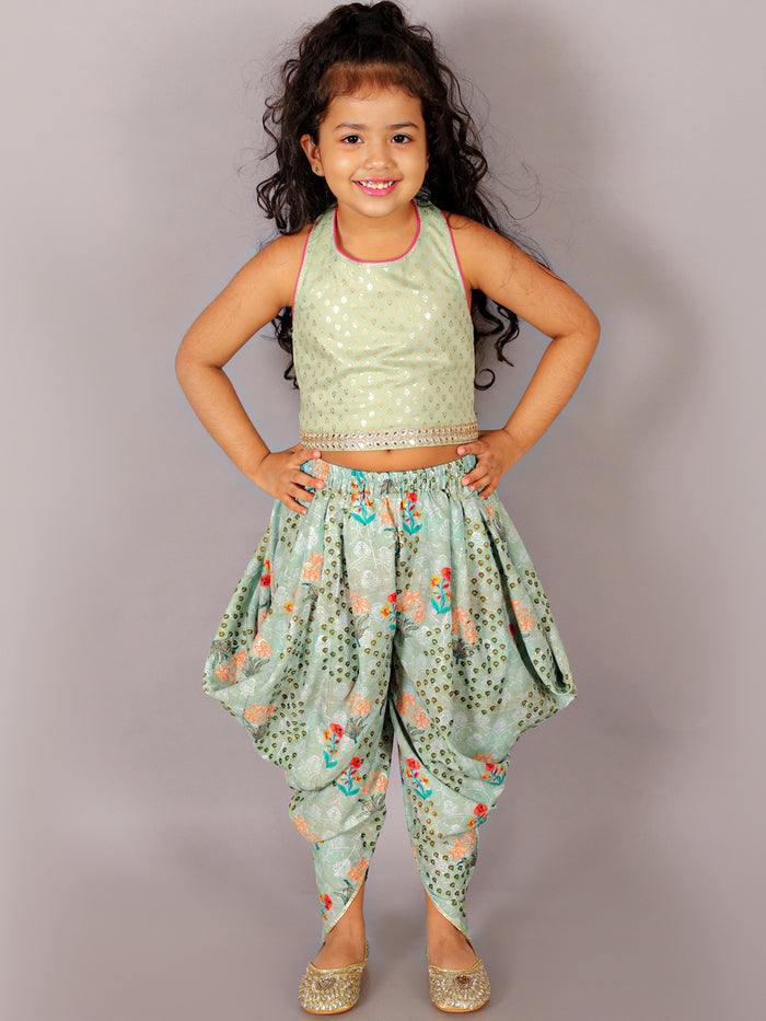 Fusion Fair Girls Green Crop Top With Dhoti Co-ordinate Set