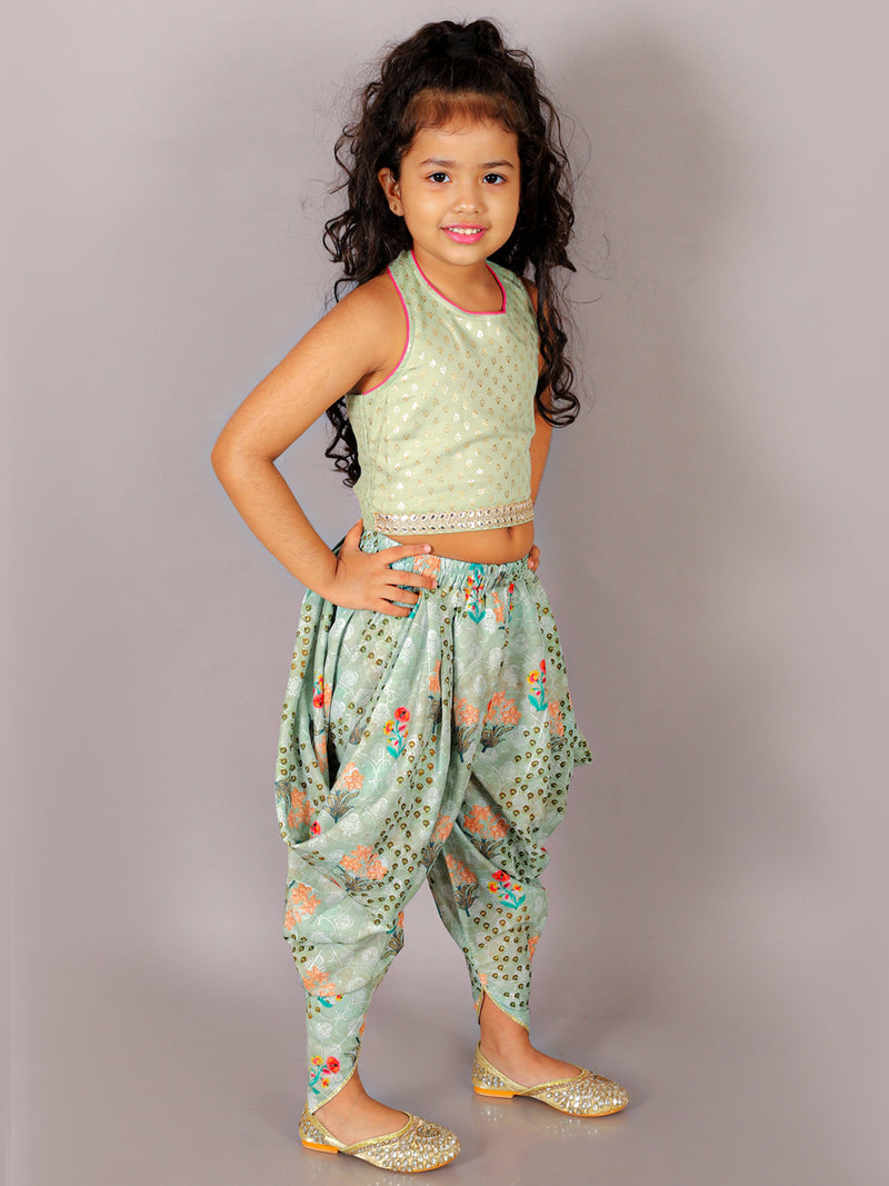 Fusion Fair Girls Green Crop Top With Dhoti Co-ordinate Set