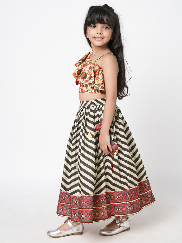 Chromatic Fusion Girls Black & White Stripe Hand Embroidery Lehenga Choli