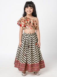 Chromatic Fusion Girls Black & White Stripe Hand Embroidery Lehenga Choli