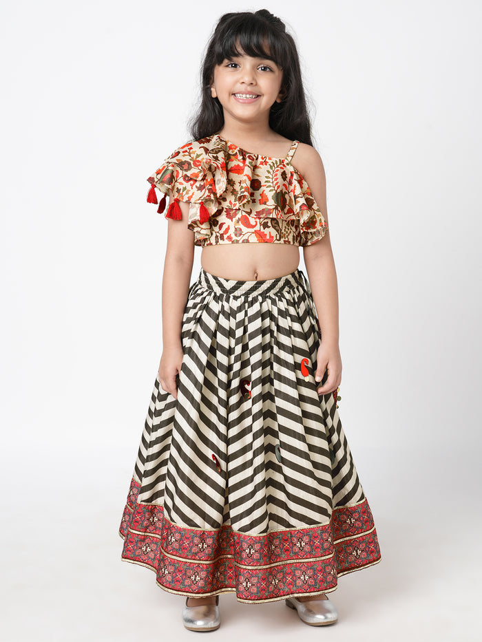 Chromatic Fusion Girls Black & White Stripe Hand Embroidery Lehenga Choli