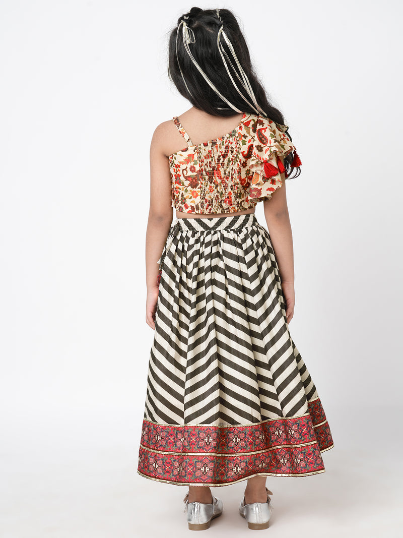 Chromatic Fusion Girls Black & White Stripe Hand Embroidery Lehenga Choli