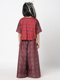 Ethnic Twist Girls Red Print Flared Palazzo With Top And Jacket Co-Ordinate Set