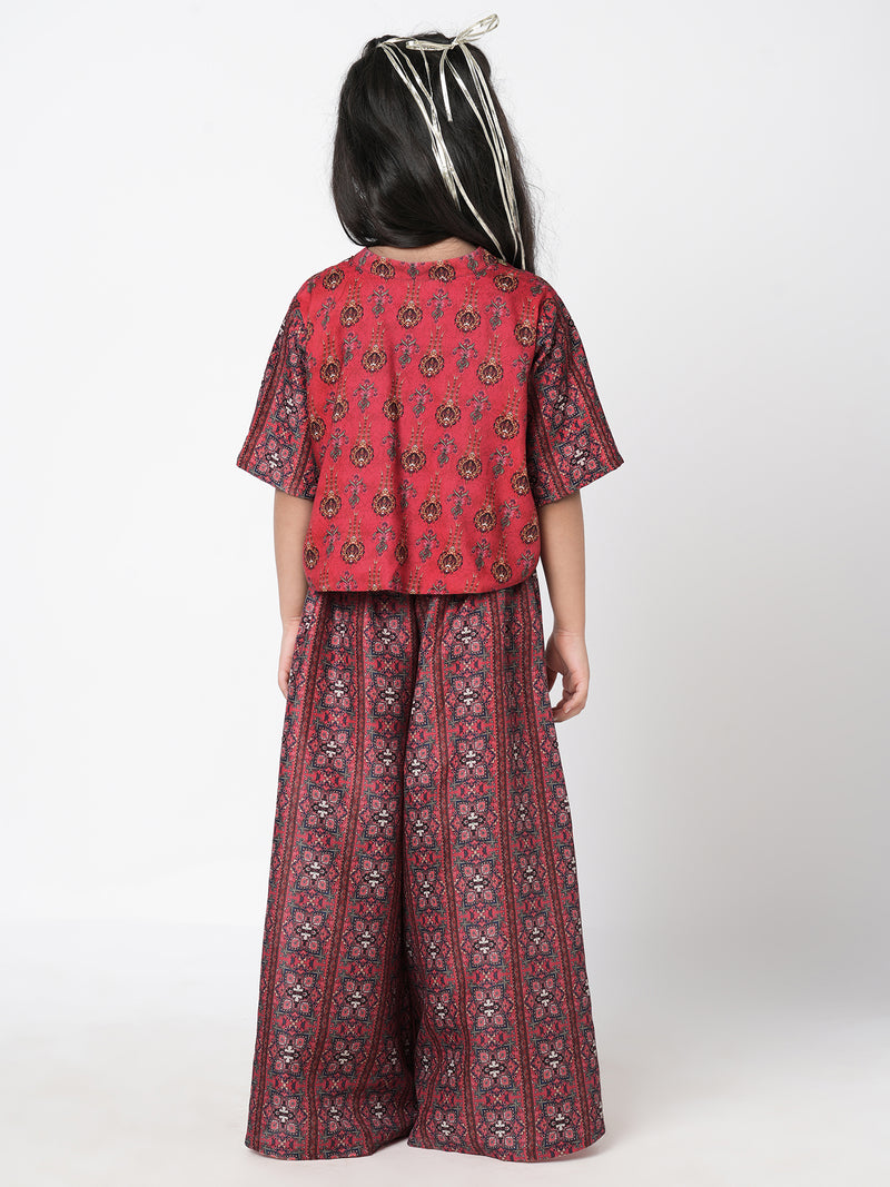 Ethnic Twist Girls Red Print Flared Palazzo With Top And Jacket Co-Ordinate Set