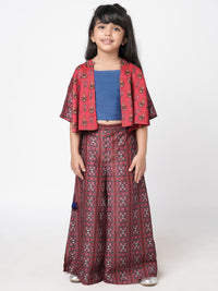 Ethnic Twist Girls Red Print Flared Palazzo With Top And Jacket Co-Ordinate Set