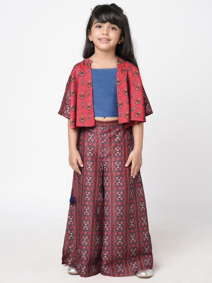 Ethnic Twist Girls Red Print Flared Palazzo With Top And Jacket Co-Ordinate Set