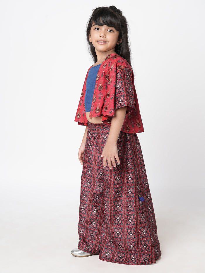 Ethnic Twist Girls Red Print Flared Palazzo With Top And Jacket Co-Ordinate Set
