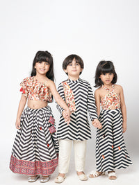 Chromatic Fusion Girls Black & White Stripe Hand Embroidery Lehenga Choli