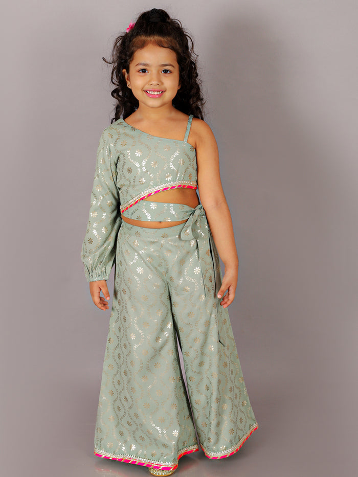 Fusion Fair Girls Green Crop Top With Palazzo Co-ordinate Set