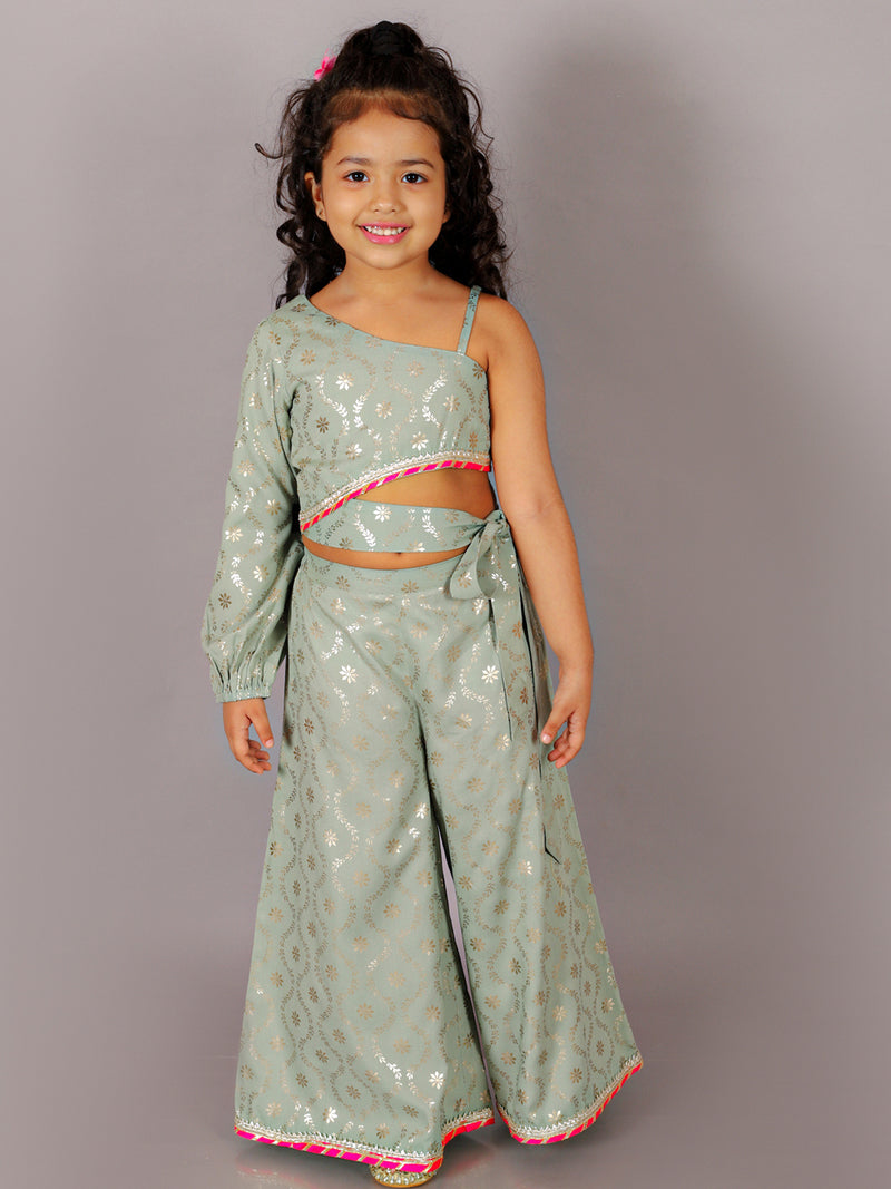 Fusion Fair Girls Green Crop Top With Palazzo Co-ordinate Set