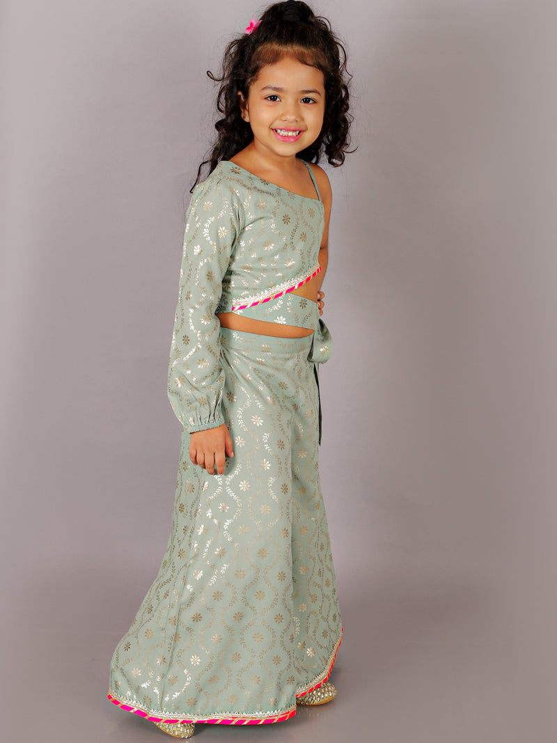 Fusion Fair Girls Green Crop Top With Palazzo Co-ordinate Set
