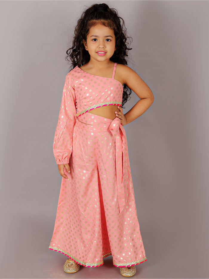 Fusion Fair Girls Peach Crop Top With Palazzo Co-ordinate Set