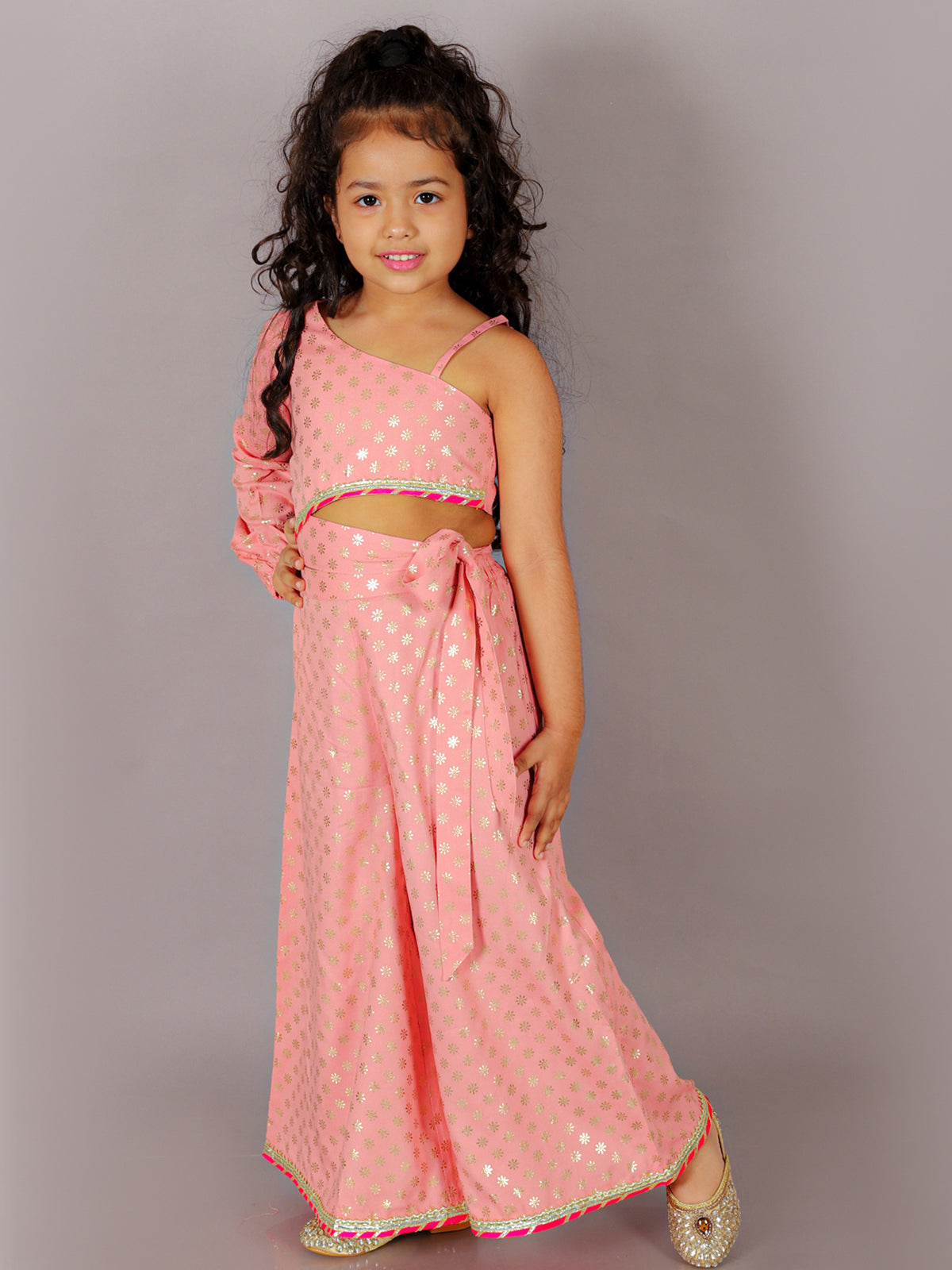 Fusion Fair Girls Peach Crop Top With Palazzo Co-ordinate Set