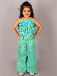 Folklore Girls Green Crop Top With Pants Co-Ordinate Set