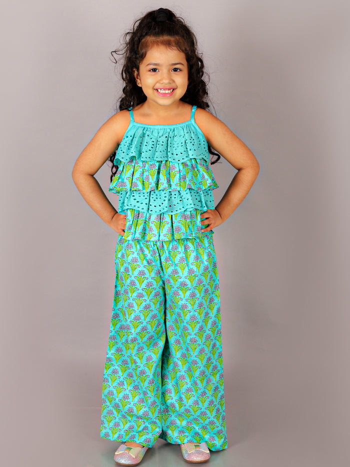 Folklore Girls Green Crop Top With Pants Co-Ordinate Set