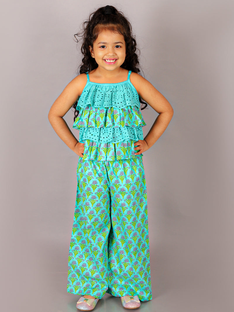 Folklore Girls Green Crop Top With Pants Co-Ordinate Set