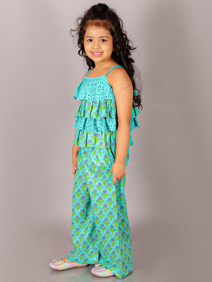 Folklore Girls Green Crop Top With Pants Co-Ordinate Set