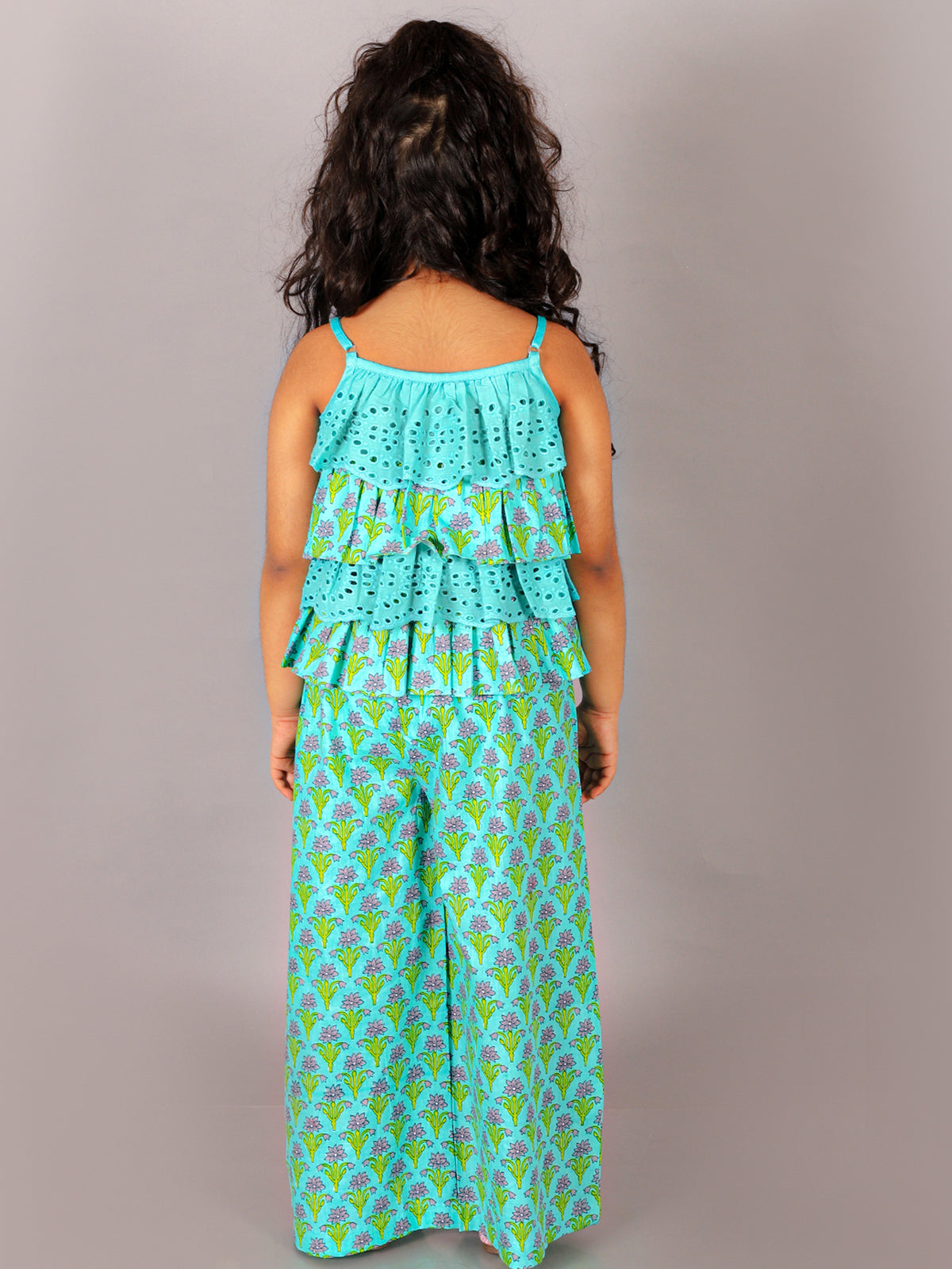 Folklore Girls Green Crop Top With Pants Co-Ordinate Set
