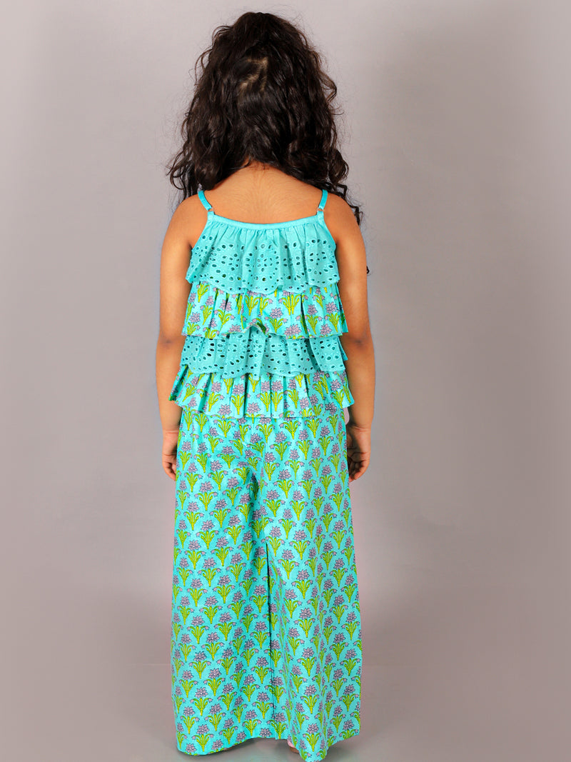 Folklore Girls Green Crop Top With Pants Co-Ordinate Set