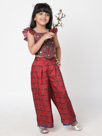 Ethnic Twist Girls Red Print Box Pleat Pant With Top Co-Ordinate Set