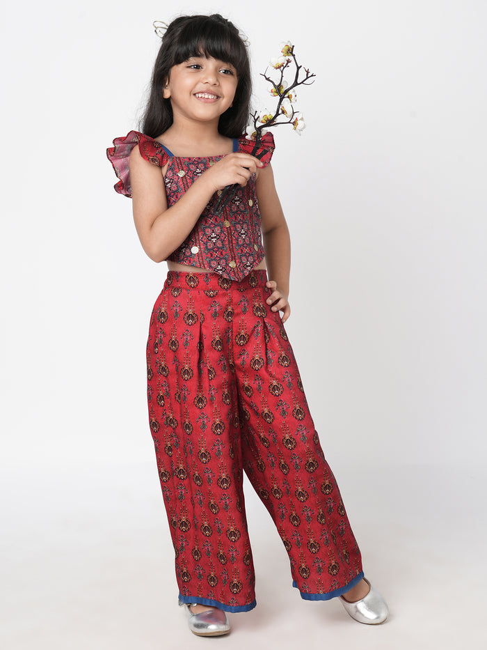 Ethnic Twist Girls Red Print Box Pleat Pant With Top Co-Ordinate Set