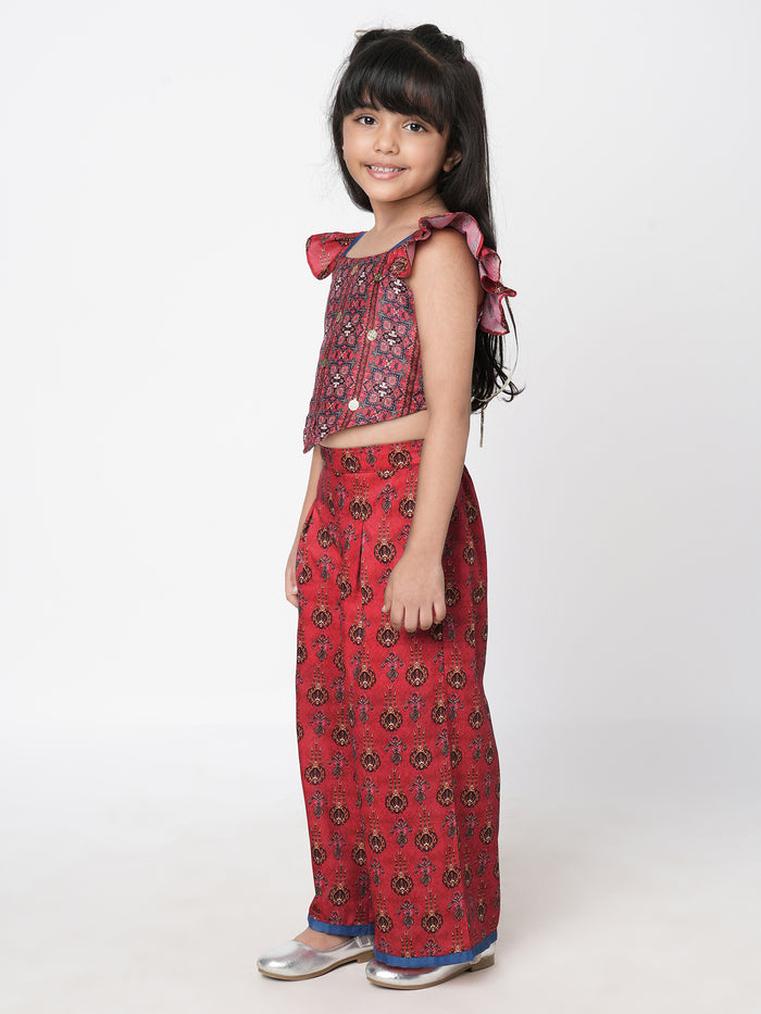 Ethnic Twist Girls Red Print Box Pleat Pant With Top Co-Ordinate Set