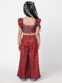Ethnic Twist Girls Red Print Box Pleat Pant With Top Co-Ordinate Set