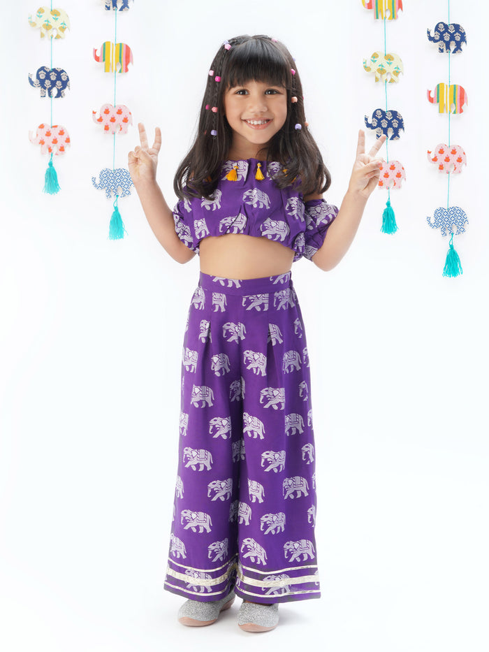 Trunk Tales Girls Purple Crop Top With Pants Co-ordinate Set