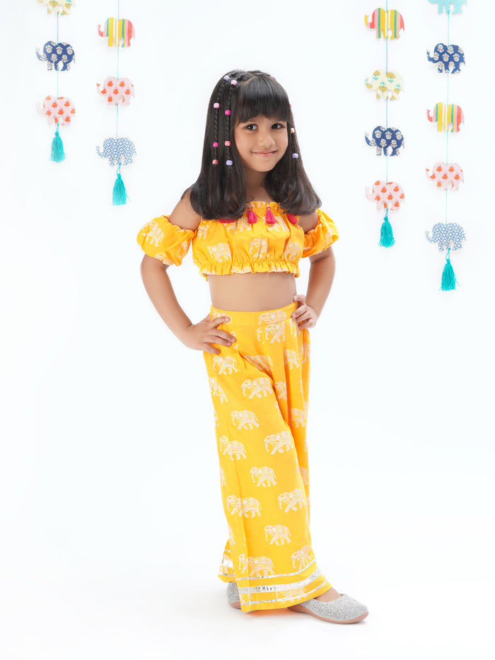 Trunk Tales Girls Yellow Crop Top With Pants Co-ordinate Set