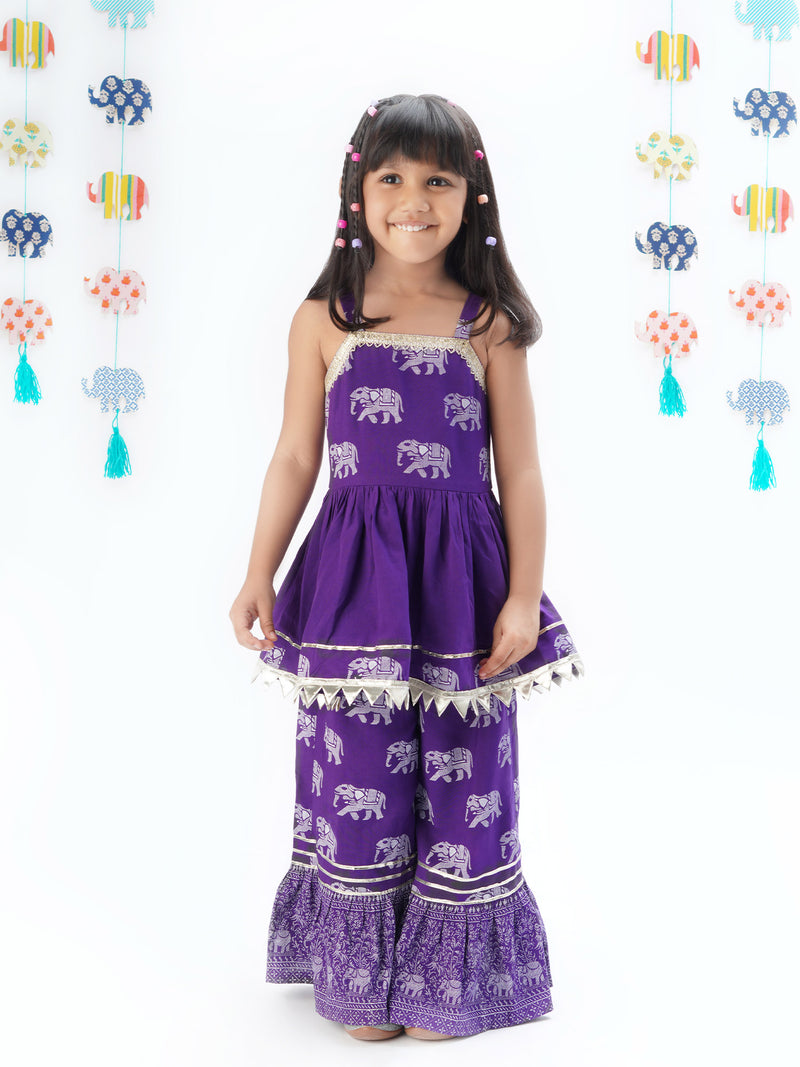 Trunk Tales Girls Purple Kurta With Sharara Set