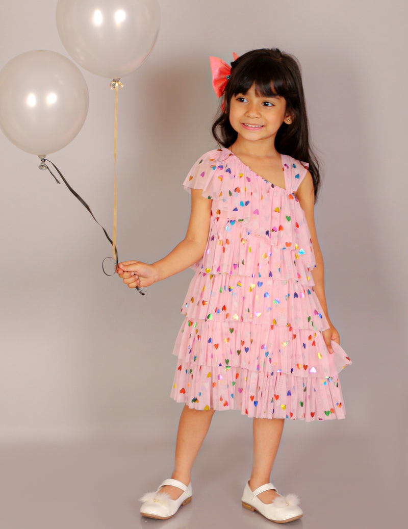Glam Up Girls Pink Tiered Pleating  Party Dress