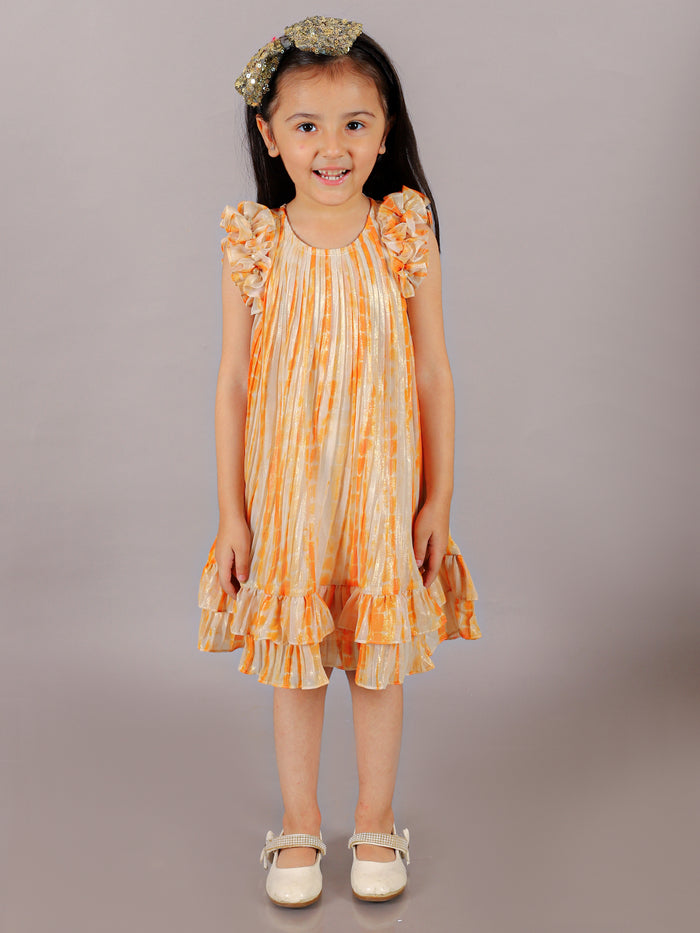 Glam Up Girls Peach Foil Print Pleated Party Dress