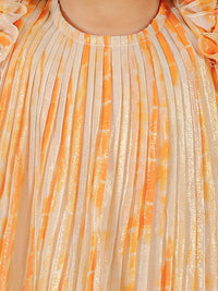 Glam Up Girls Peach Foil Print Pleated Party Dress