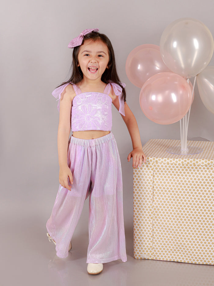 Paris Nights Girls Lilac 3D Flower Party Crop Top And Pant Set