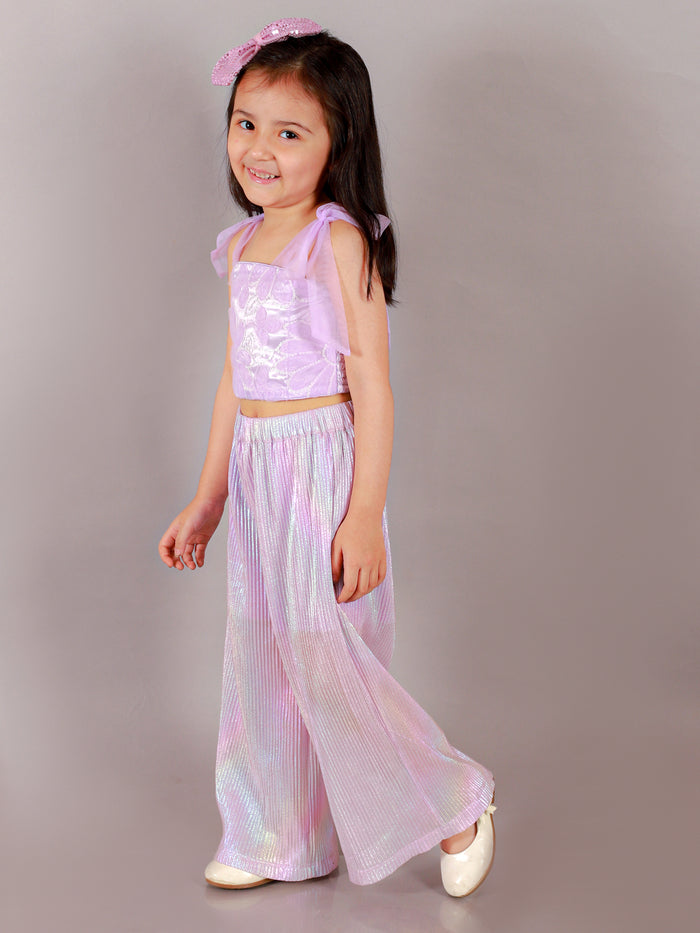Paris Nights Girls Lilac 3D Flower Party Crop Top And Pant Set