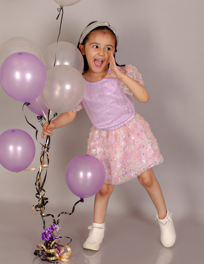 Paris Nights Girls Lilac 3D Flower Party Skirt With Top Set