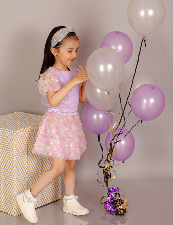 Paris Nights Girls Lilac 3D Flower Party Skirt With Top Set