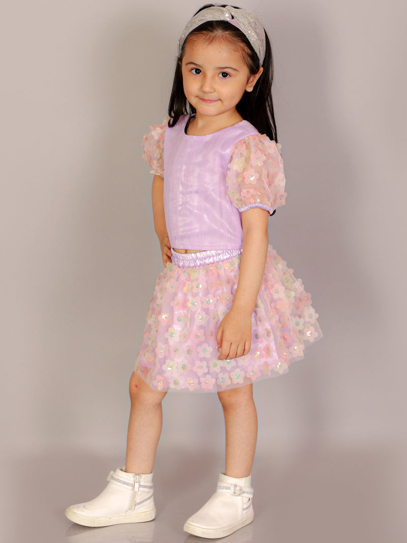 Paris Nights Girls Lilac 3D Flower Party Skirt With Top Set