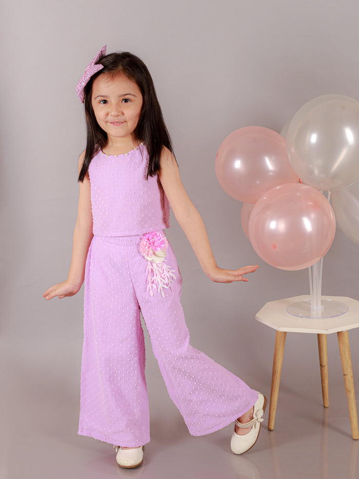 Glam Up Girls Lavender 3D Brooch Party Crop Top And Pant Set