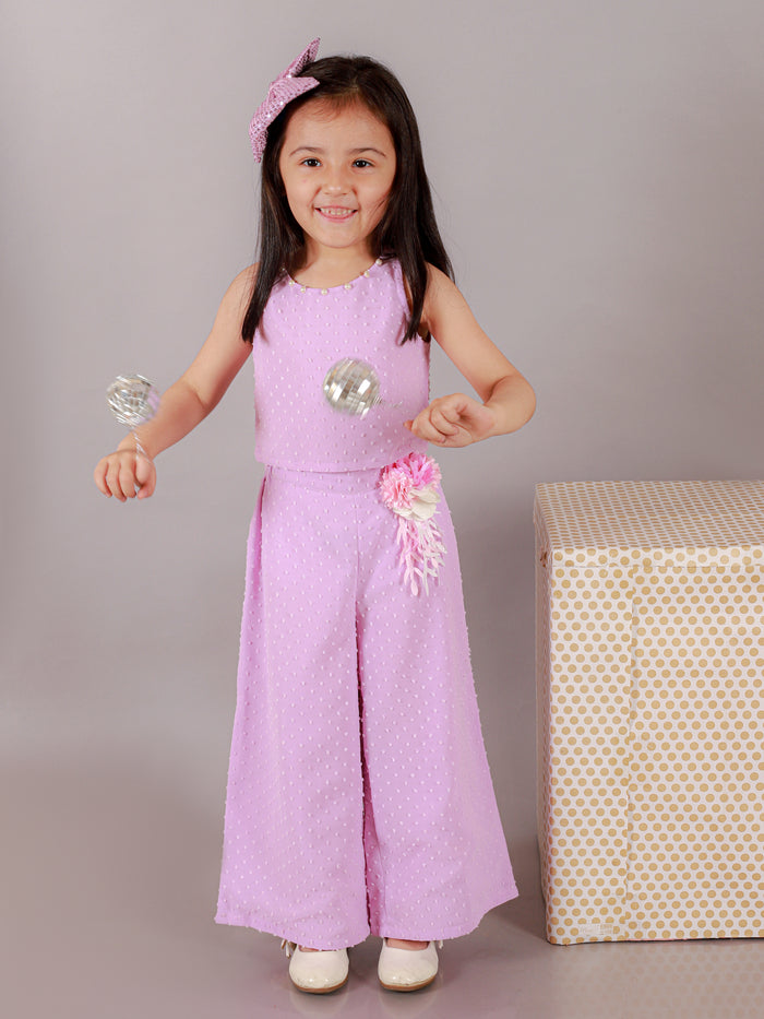 Glam Up Girls Lavender 3D Brooch Party Crop Top And Pant Set
