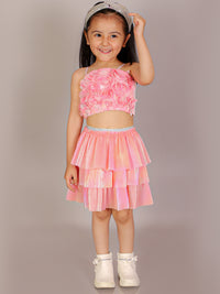 Paris Nights Girls Pink 3D Flower Party Crop Top And Skirt Set