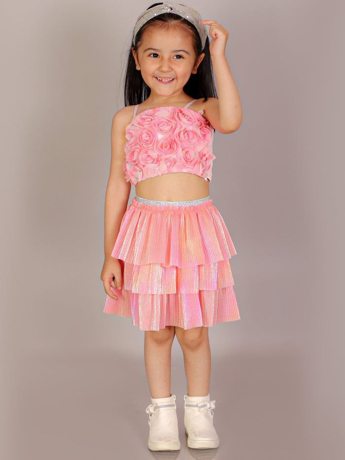 Paris Nights Girls Pink 3D Flower Party Crop Top And Skirt Set