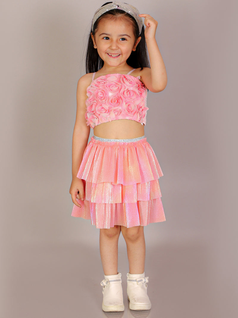 Paris Nights Girls Pink 3D Flower Party Crop Top And Skirt Set